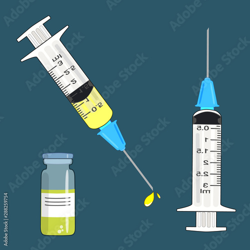 It's time to get vaccinated. Flat concept of a syringe with a vaccine. A medicine bottle. Isolated, dark. Vector