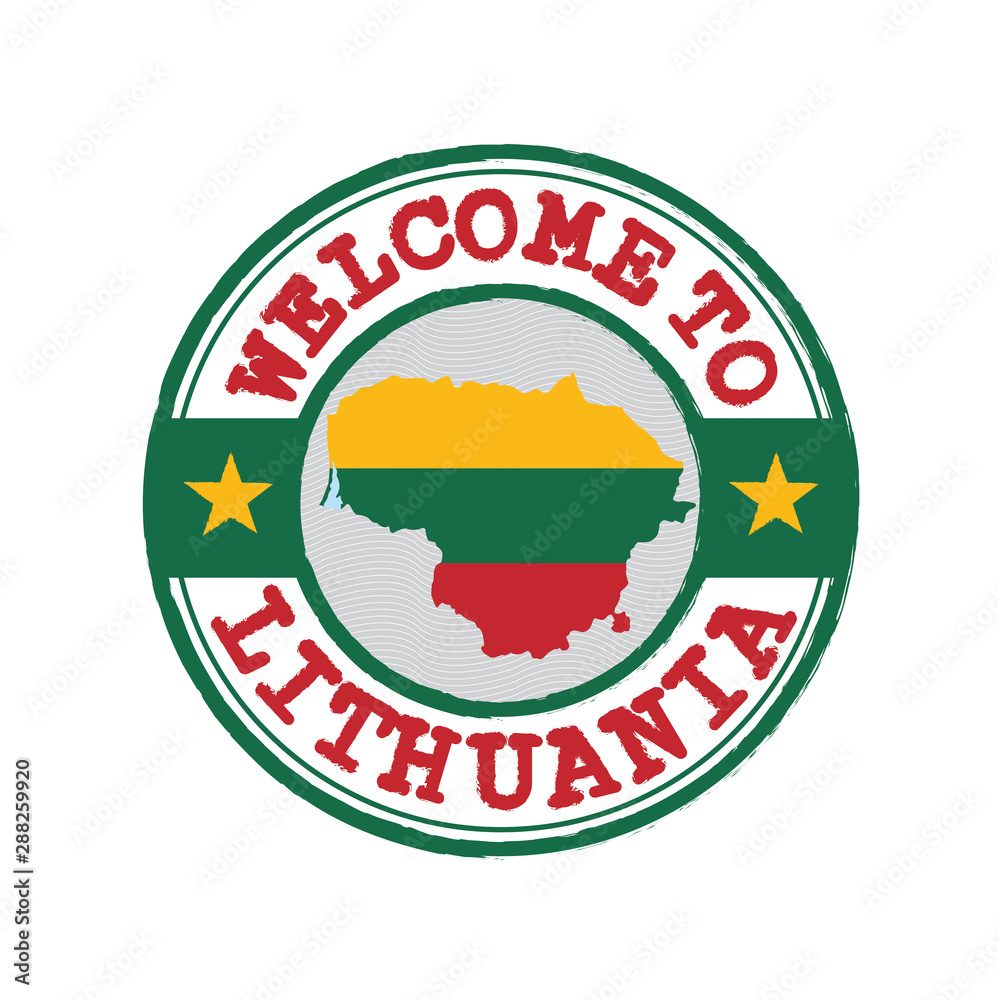 Vector stamp of welcome to Lithuania with map outline of the nation in center.