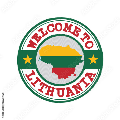 Vector stamp of welcome to Lithuania with map outline of the nation in center.