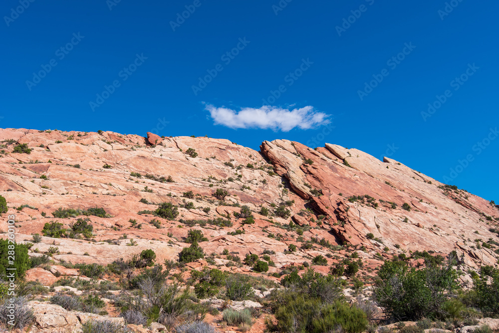Low angle landscape of almost barren slanted red and tan stone hillside