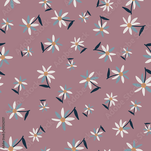 A seamless vector pattern with tossed simple flowers. Surface print design.