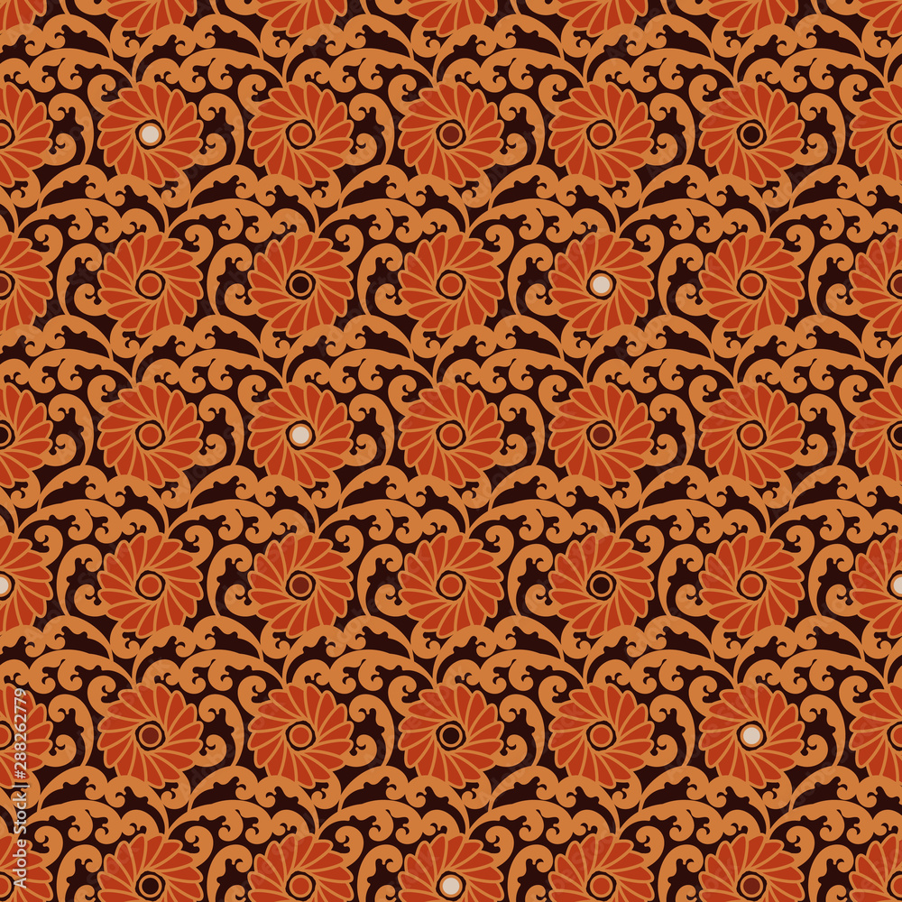 A seamless vector ornamental pattern with orange flowers and leaves. Surface print design.