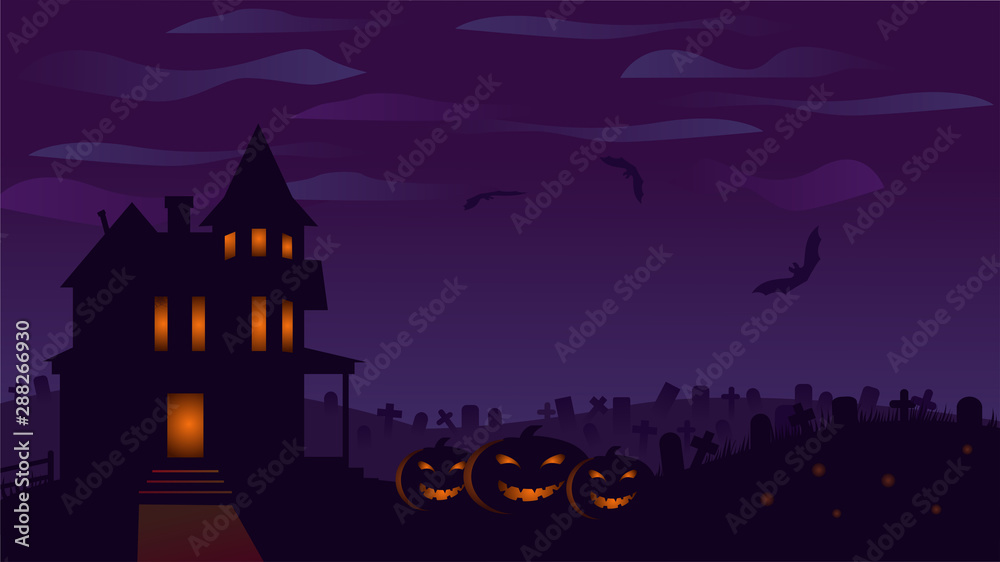 Halloween background with old house, pumpkins, bats, graves. Halloween darkness night banner with Jack-o'-Lantren