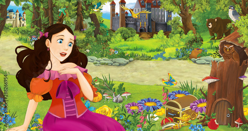 cartoon scene with young girl princess in the forest near some castles in the forest - illustration for children