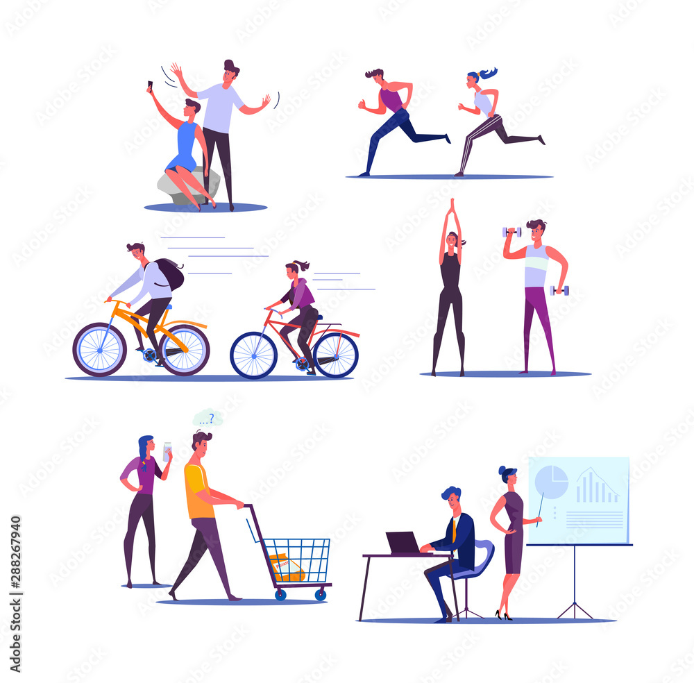 Young couple living active life. Male and female cartoon characters doing sports and business together. Vector illustration for banner, poster, leaflet Young couple living active life. Male and female cartoon characters doing sports and business together. Vector illustration for banner, poster, leaflet