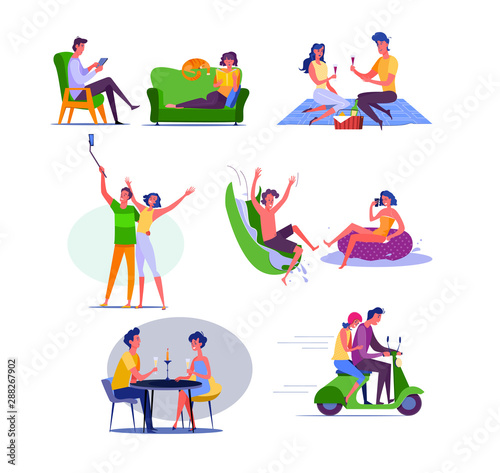 Young couple spending vacation together. Male and female cartoon characters dating in various places. Vector illustration for banner, advertising, poster