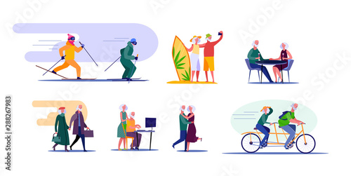 Active senior couple travelling and doing sports. Retired cartoon husband and wife enjoying common interests. Vector illustration for advertising, poster, brochure