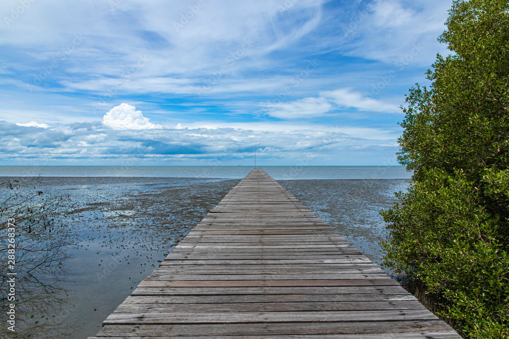 A Long wooden pathway end of the beach from mangrove forest background.
