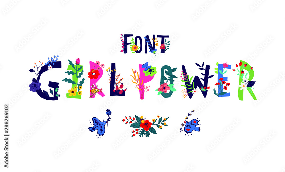 Lettering font Girl Power. Vector. Logo in flowers and plants. Company logo or flower shop. Lettering font Girl Power. Vector. Logo in flowers and plants. Company logo or flower shop.