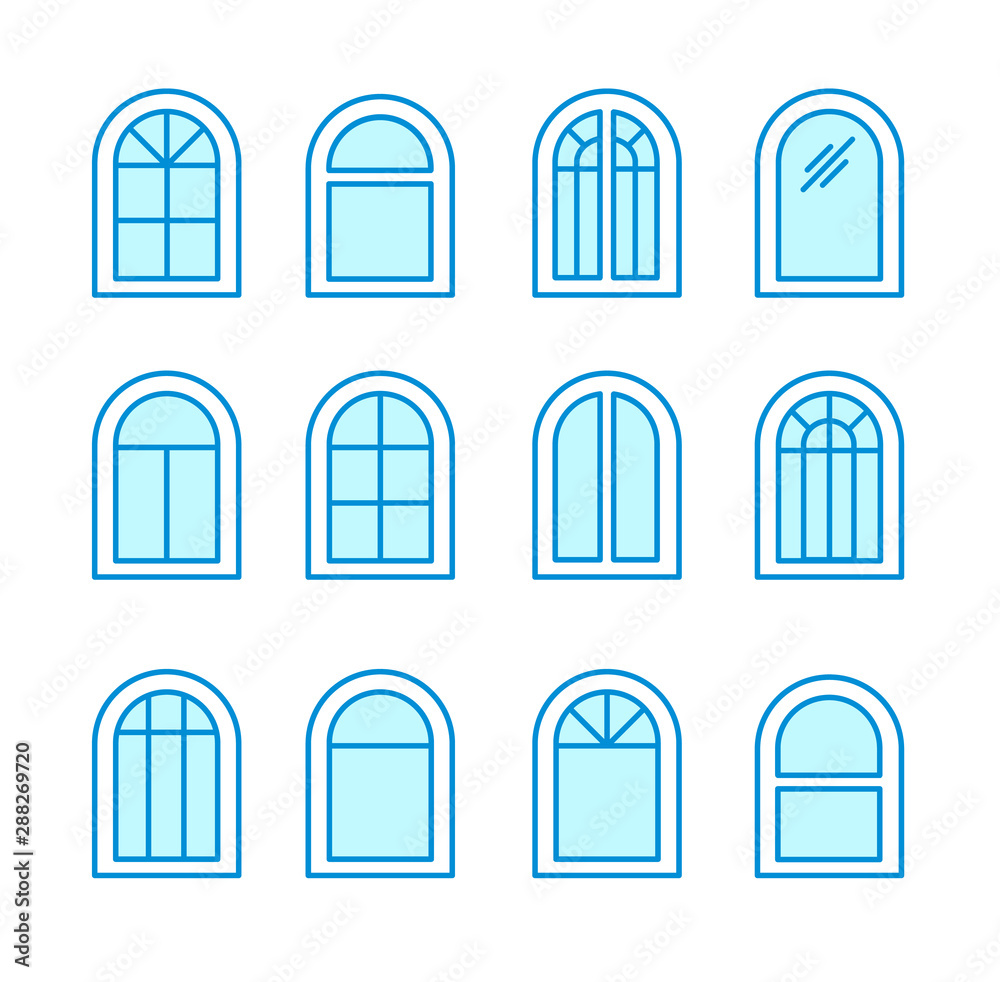Arch & arched window. Casement & awning window frames. Flat line icon set. Vector illustration. Isolated objects Arch & arched window. Casement & awning window frames. Flat line icon set. Vector illustration. Isolated objects
