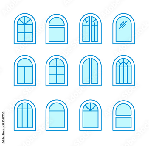 Arch & arched window. Casement & awning window frames. Flat line icon set. Vector illustration. Isolated objects