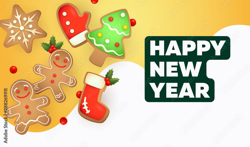 Naklejka premium Happy New Year lettering with gingerbread cookies. New Year Day greeting card. Handwritten text, calligraphy. For leaflets, brochures, invitations, posters or banners.