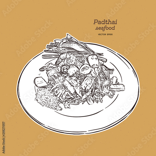 Noodle padthai food thailand in the dish. hand draw sketch vector.