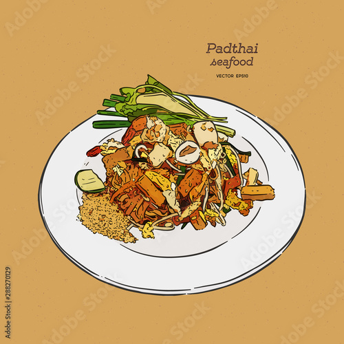 Noodle padthai food thailand in the dish. hand draw sketch vector.