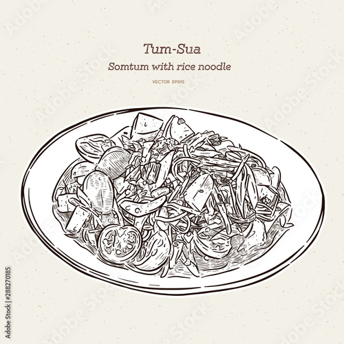 Spicy papaya salad with rice noodle or somtum famous traditional Thai food. hand draw sketch vector.