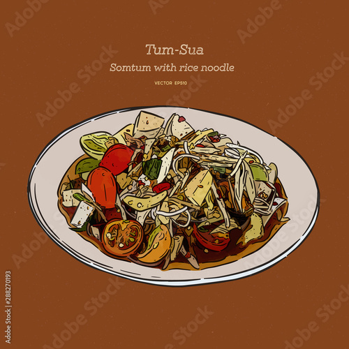 Spicy papaya salad with rice noodle or somtum famous traditional Thai food. hand draw sketch vector.