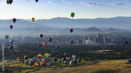 Hot Air Balloon Time Lapse with Downtown Reno Nevada Skyline.