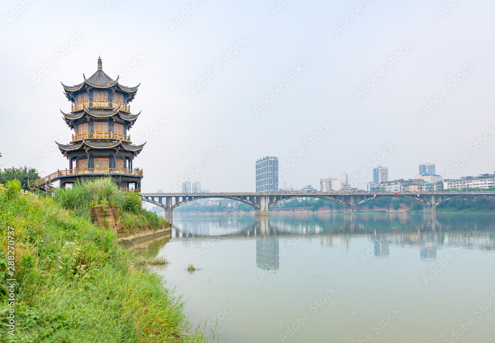 A view of the Weijiang Bridge in Leshan City, Sichuan Province, China A view of the Weijiang Bridge in Leshan City, Sichuan Province, China