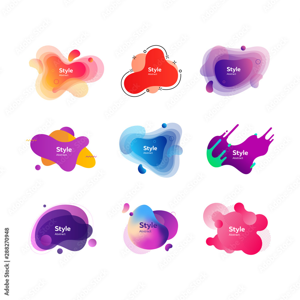 Neon multicolored abstract shapes set. Modern dynamic figures and lines on white background. Trendy minimal templates for presentations, banners, apps and web pages. Vector illustration
