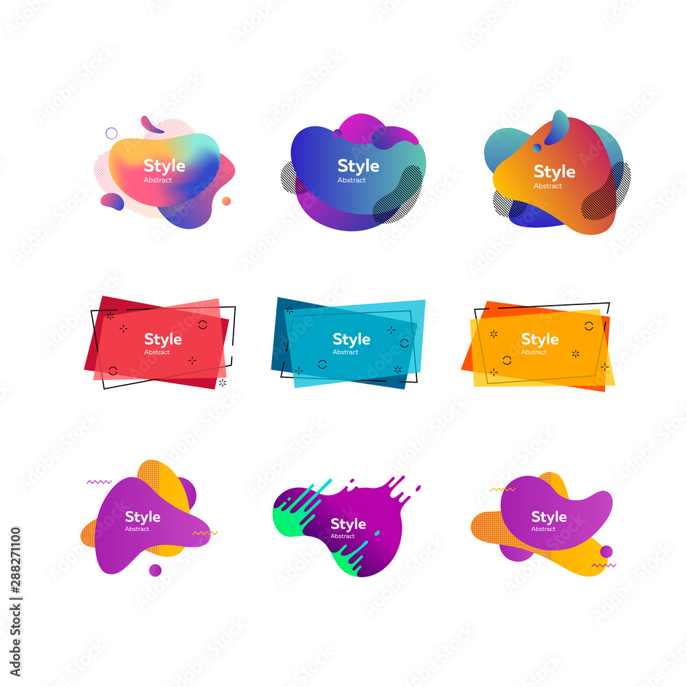 Set of modern abstract dynamical shapes. Gradient banners with flowing liquid shapes. Template for design of logo, flyer or presentation. Vector illustration Set of modern abstract dynamical shapes. Gradient banners with flowing liquid shapes. Template for design of logo, flyer or presentation. Vector illustration