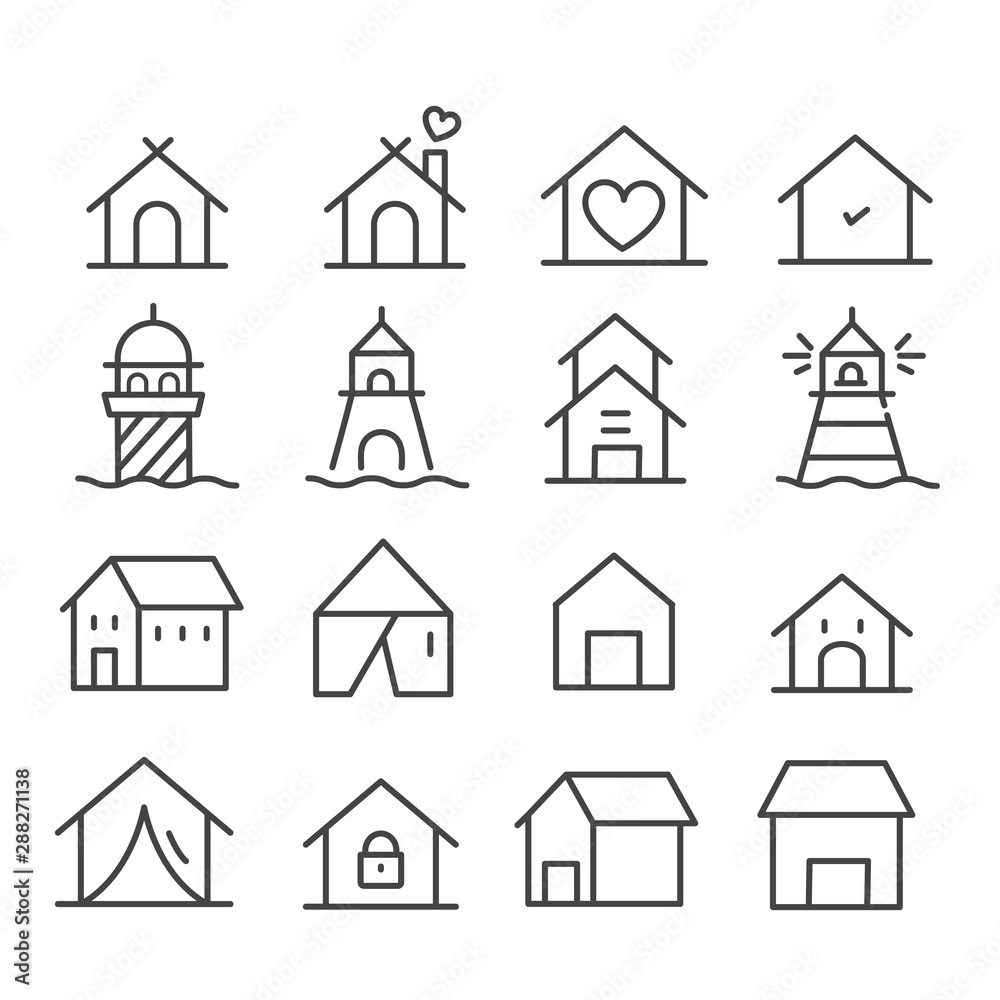 Simple set of minimal lighthouse tower and small buildings icon isolated. Modern outline on white background