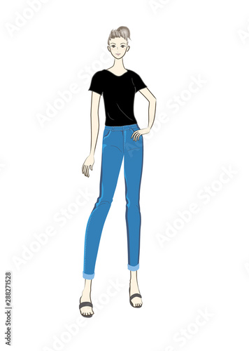 人物 女性 女の人 若い 若い女性 女子 女の子 正面 全身 立っている ジーンズ Tシャツ ジーパン サンダル ポニーテール シンプル カジュアル シンプルな カジュアルな 白バック 白背景 カット 挿絵 素材 イラスト イラストレーション ベクター