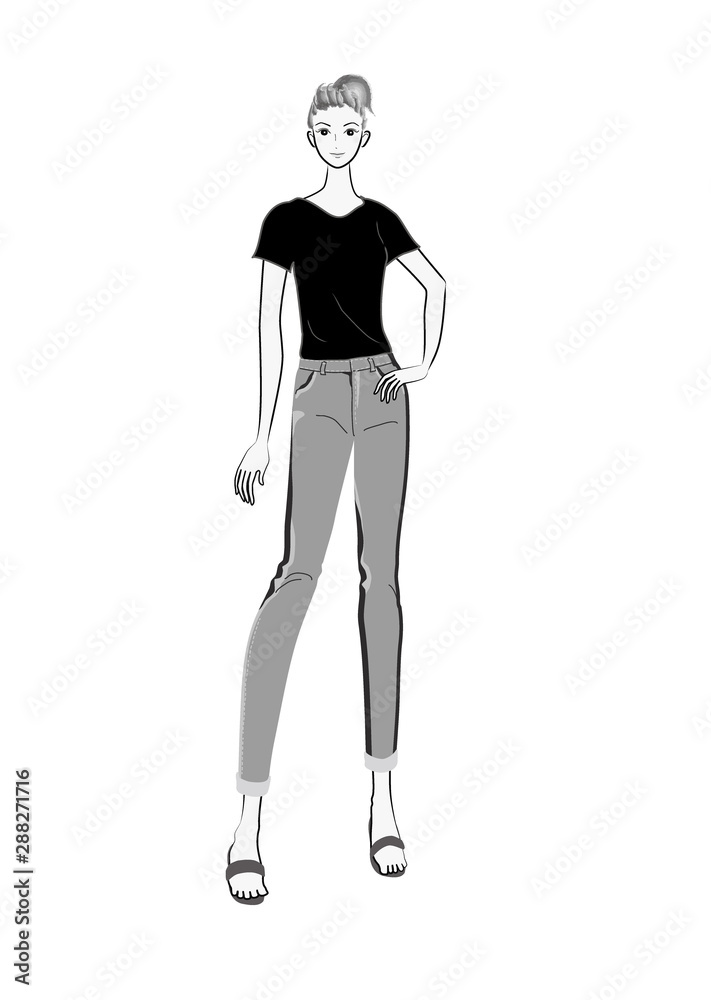 人物 女性 女の人 若い 若い女性 女子 女の子 正面 全身 立っている ジーンズ Tシャツ ジーパン サンダル ポニーテール シンプル カジュアル シンプルな カジュアルな 白バック 白背景 挿絵 素材 イラスト イラストレーション ベクター 美人