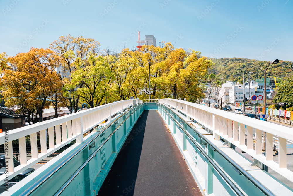 Pedestrian overpass and city in Tokushima, Shikoku, Japan
