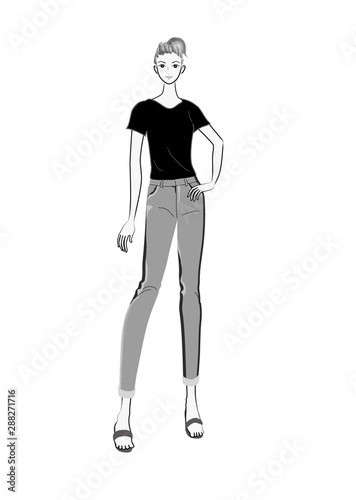 人物 女性 女の人 若い 若い女性 女子 女の子 正面 全身 立っている ジーンズ Tシャツ ジーパン サンダル ポニーテール シンプル カジュアル シンプルな カジュアルな 白バック 白背景 挿絵 素材 イラスト イラストレーション ベクター 美人