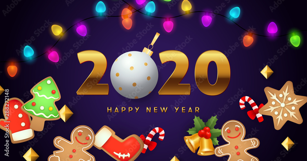 Happy New Year 2020 lettering, garlands, gingerbread cookies. New Year Day greeting card. Typed text, calligraphy. For leaflets, brochures, invitations, posters or banners.