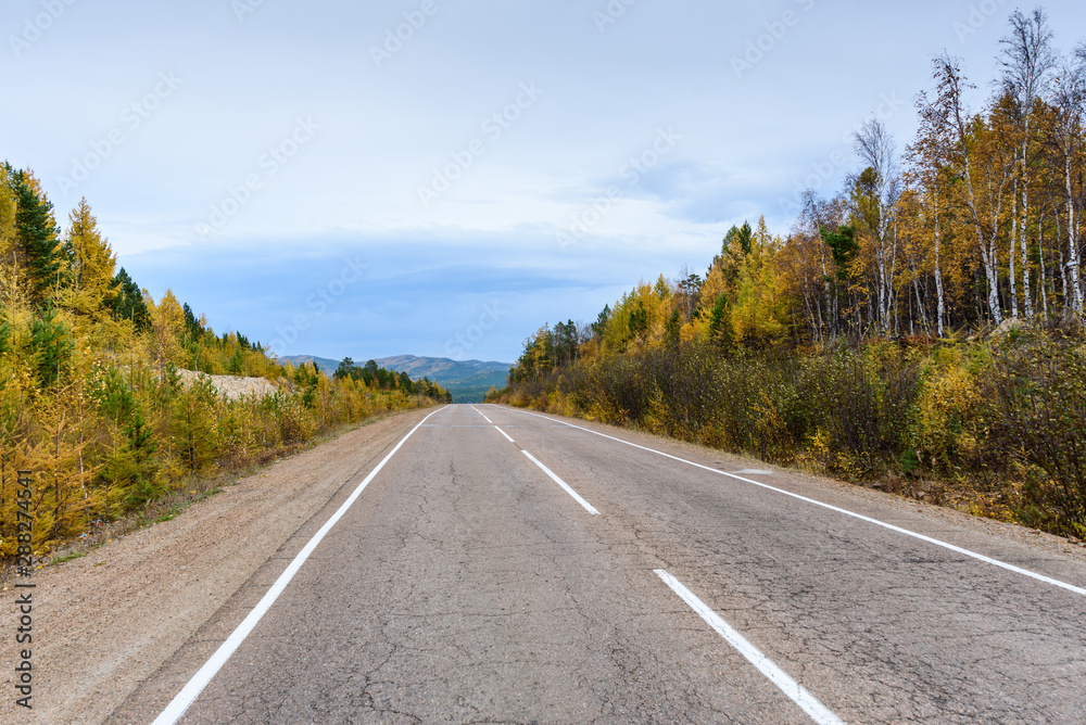 A curving autumn road with a hiker in the far distance A curving autumn road with a hiker in the far distance
