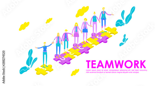 Teamwork concept with puzzle. Flat people wave hand each other on jigsaw to successful goal.can use for landing page, template, ui, web, mobile app, poster, banner, flyer. - Vector