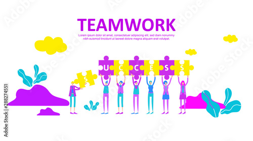 Business concept with puzzle. Teamwork metaphor. Little people raise their hand holding jigsaw to connect each with success text. Symbol of financial, cooperation, collaboration, partnership. - Vector