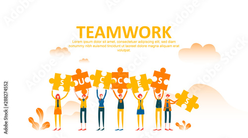 Business concept lift up puzzle. Teamwork metaphor. Little people raise their hand holding jigsaw with success text and celebrate. Symbol of cooperation, collaboration, finance, partnership. - Vector