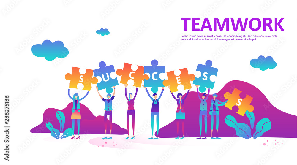 Business concept lift up puzzle. Teamwork metaphor. Little people raise their hand holding jigsaw with success text and celebrate. Symbol of cooperation, collaboration, finance, partnership. - Vector Business concept lift up puzzle. Teamwork metaphor. Little people raise their hand holding jigsaw with success text and celebrate. Symbol of cooperation, collaboration, finance, partnership. - Vector