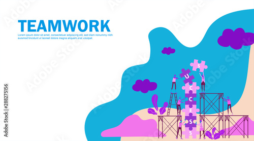 teamwork of people connecting puzzle elements with climbing stair and scaffolding to draw up success text . Business concept flat illustration can use for web banner, info graphics. - Vector