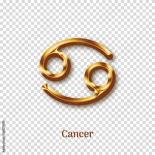 Cancer golden zodiac sign on transparent background. Luxury star sign for astrology horoscope prediction. Glossy zodiac symbol. Realistic gold design of horoscope constellation vector illustration