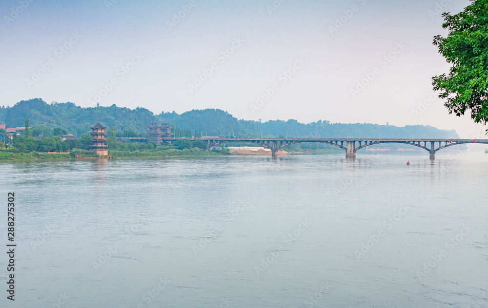 A view of the Weijiang Bridge in Leshan City, Sichuan Province, China