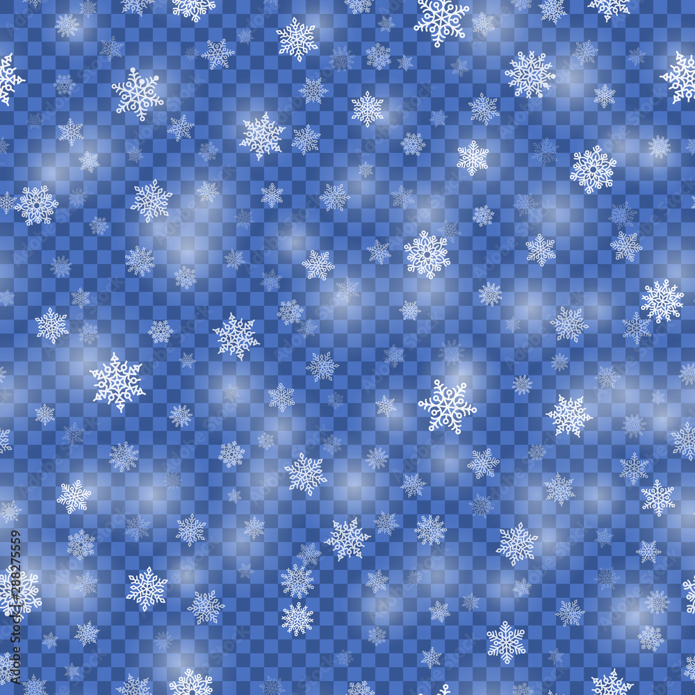 Winter background with white snowflakes on transparent backdrop. Concept of Merry Christmas and Happy New Year holidays. Realistic snowfall for decoration and covering vector illustration.