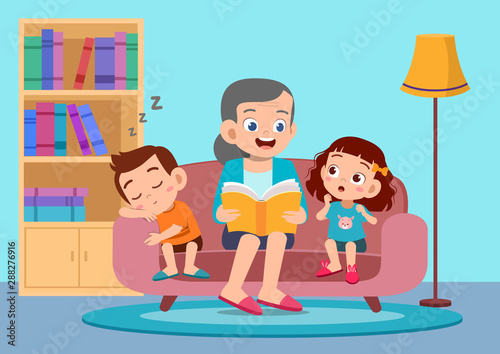 happy kids hear story from grandmother vector