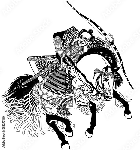 Asian warrior archer. Japanese Samurai horseman sitting on horseback, wearing medieval leather armor and holding a bow. Medieval East Asia soldier riding pony horse in the gallop. Graphic style vector