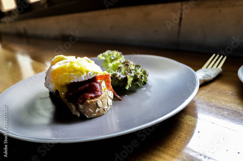 Breakfast menu with delicious eggs and vegetables