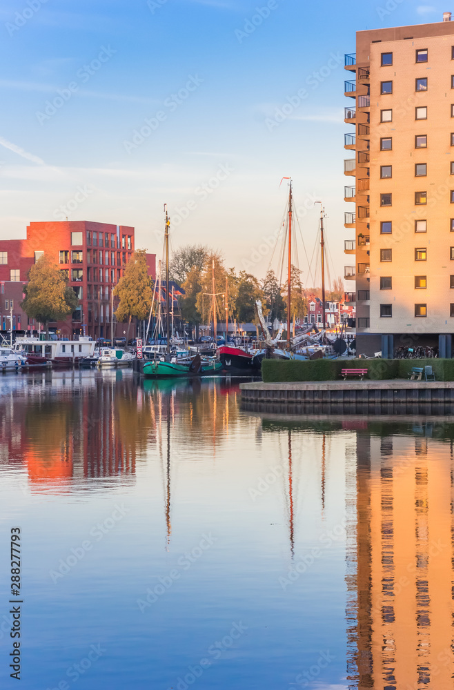 Colorful old harbor in the center of Groningen, Netherlands