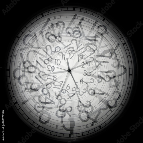 conceptual time image of group of clocks over black background