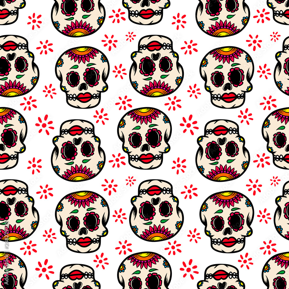 Seamless pattern with mexican sugar skulls. Design element for poster, card, flyer, banner.
