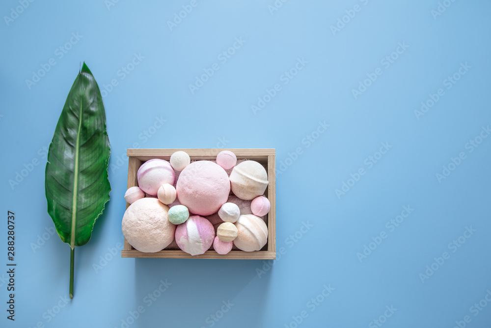 Spa composition with body care items on a colored background Spa composition with body care items on a colored background