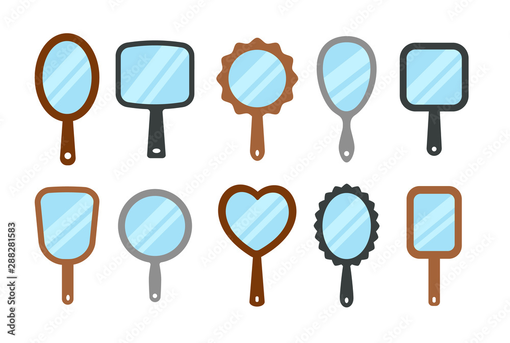 Hand mirrors with light reflection. Blank handheld makeup mirrors. Flat icon set. Female beauty accessories