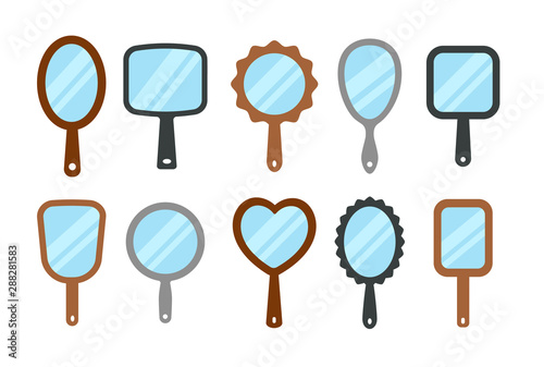 Hand mirrors with light reflection. Blank handheld makeup mirrors. Flat icon set. Female beauty accessories
