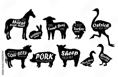 Farm animals logo vintage textured templates. Retro styled animals silhouettes of horse, turkey,cow, chicken,cow,sheep, ostrich, goose, duck, pork, lamb and rabbit.