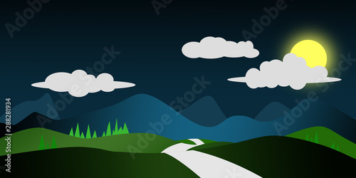 Mountains landscape with pines and hills at night